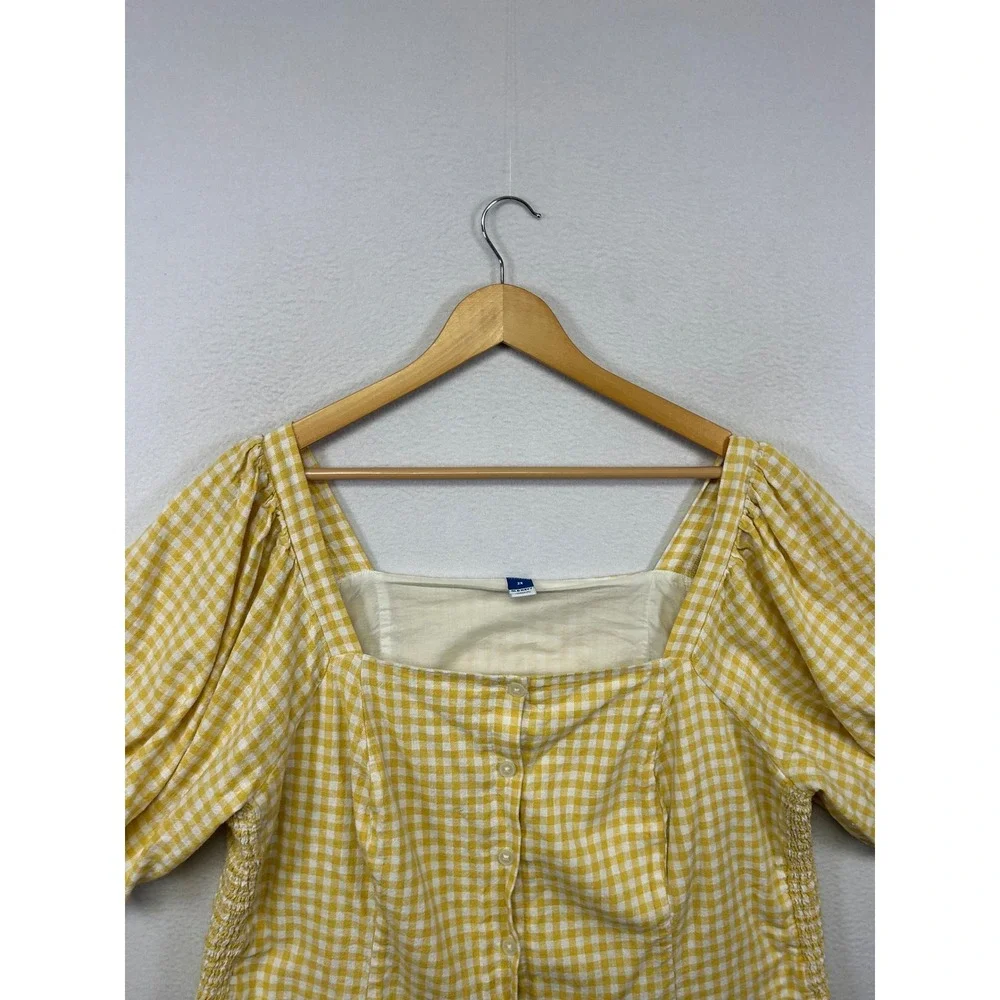 Cottagecore Old Navy Womens 2X Yellow Gingham Puff Sleeve Square Neck Crop Top